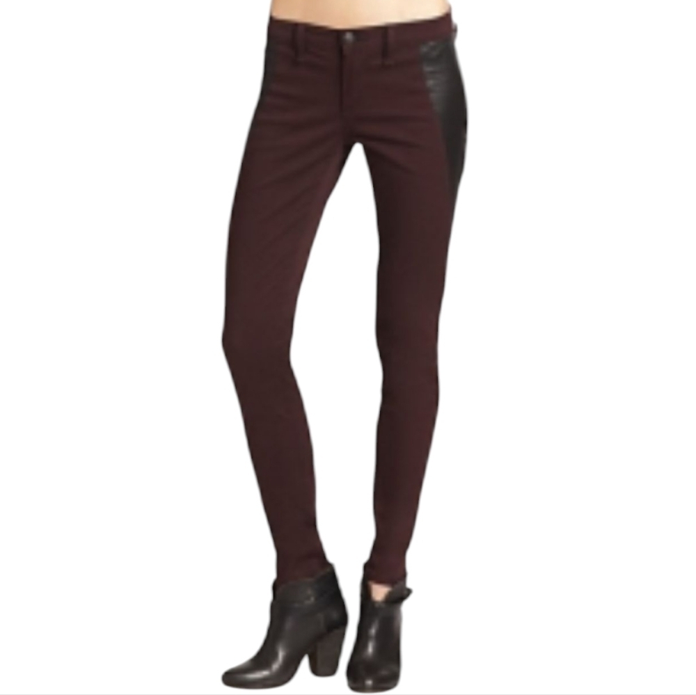 Rag & Bone Wine And Black Lamb Leather Panel Skinny Jeans - Size 30